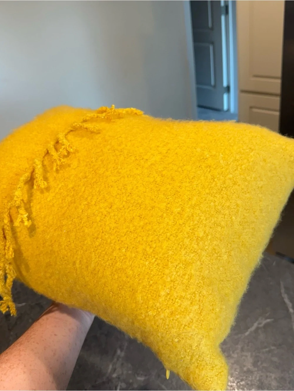 Pottery Barn mustard yellow fringe throw pillow 14”x20”
